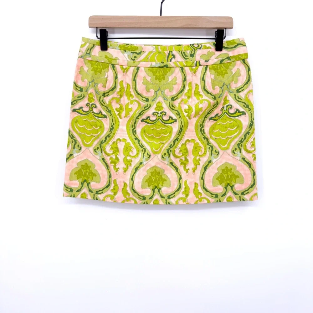 J.Crew Mini Skirt Damask Paisley Print Cotton Stretch Green Pink 6 Retro Preppy